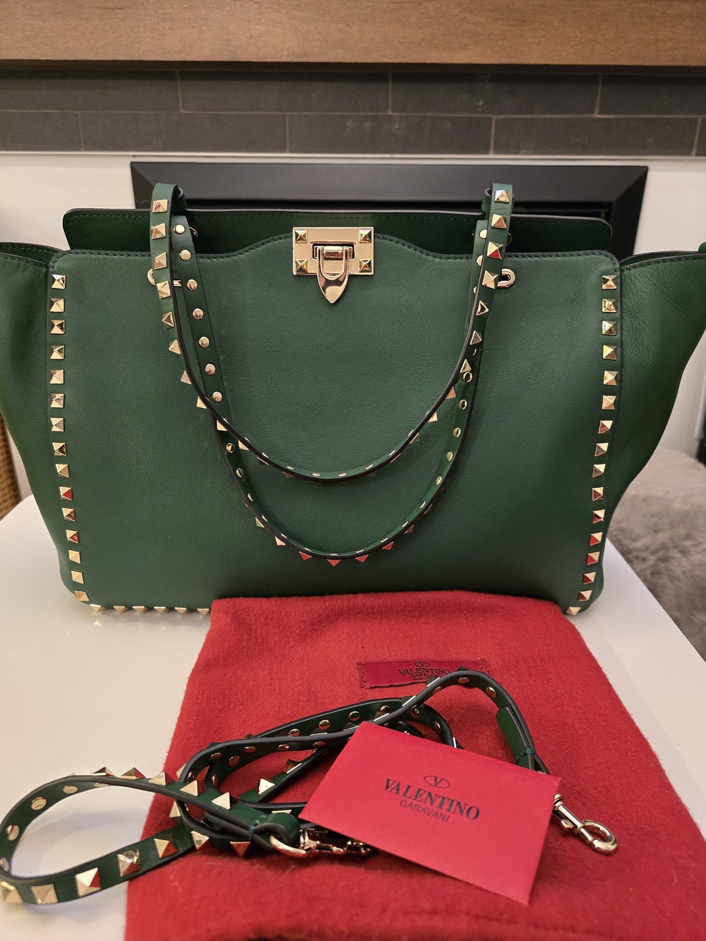 Valentino Garavani Emerald Green Rockstud Double-Handle Tote with Gold Hardware